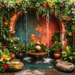 Lush tropical courtyard with a stone water fountain