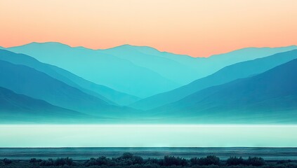 Layered blue mountains reflected on still water, soft sunset