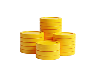 Four stacks of yellow, round coins isolated on a black background