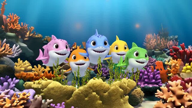 underwater sharks colorful animation for kids between coral reef in ocean
