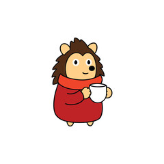 Cute hedgehog wearing scarf cozy warm holding hot chocolate mug winter season animal