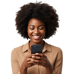 Radiant woman with afro hairstyle engaging with her smartphone against a simple setting