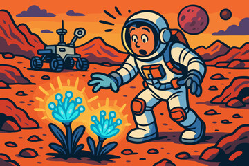 Adventure alien glowing plants exploring mars martian discovering rover discovery surprise vector