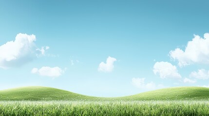 A serene landscape depicting smooth hills under the early morning sky, infused with warm sunlight that accentuates the dew on the grass. This comforting scene evokes feelings of peace and nature,