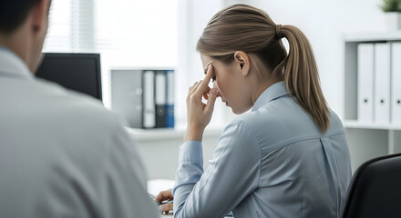 Obraz premium Business challenges and corporate stress in the workplace Overworked employee suffering from headache and burnout at her desk Negative emotions and career pressure
