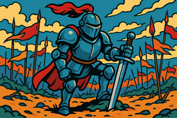Armored s banners battlefield illustration tip vector knight vibrant ground resting sword