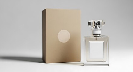A minimalist perfume bottle and its box isolated on a white background