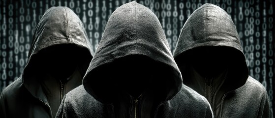 Anonymous hackers in hoodies, binary code background