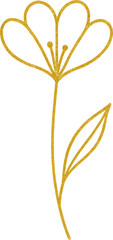 Elegant golden line art illustration of a flower with three petals and leaf on a black background, minimalist floral design for decoration and graphic projects