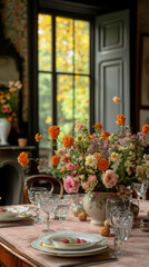Fototapeta premium Elegant dining table adorned with bountiful autumnal floral centerpiece, set with crystal glassware and fine china, bathed in warm glow of autumn window