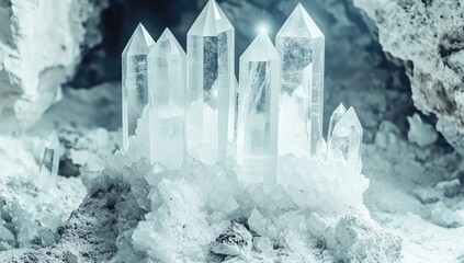 Crystal cluster with sharp points in a cave