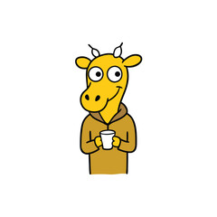Funny cartoon giraffe wearing a hoodie enjoying a cup of coffee on a bright day
