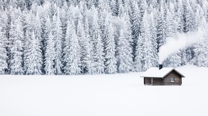 An enchanting image of a remote cabin in a snowy landscape, surrounded by towering evergreen trees blanketed in frost. The scene captures the charm of winter, with a plume of smoke escaping the