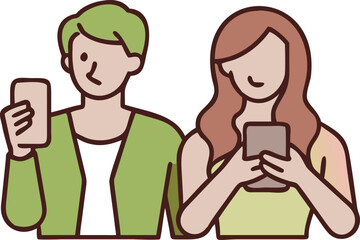 Modern Illustration of Man and Woman Looking at Their Smartphones