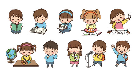 Cute Cartoon Kids Engaged in Various School and Hobby Activities Vector Illustration
