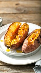 Two halves of a roasted sweet potato on a plate