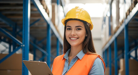 Efficient Logistics Expert Smiling Confidently Woman Warehouse Worker in Personal Protective Equipment Optimizing Inventory Management and Streamlining Supply Chain Solutions