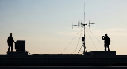 Silhouetted workers on rooftop with antenna and equipment against twilight sky.