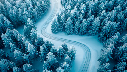 Aerial View of a Winding Road in a Snowy Forest. Winter Landscape, Drone Photography, Travel Journey.
