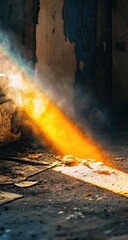 Sunbeam illuminates a dusty, decaying room's floor