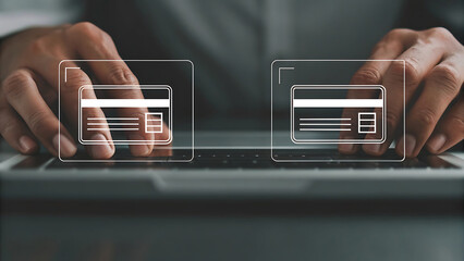 Close up of hands typing with futuristic holographic payment technology background  