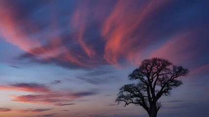 Obraz premium A lone bare tree silhouetted against a surreal long exposure sky painted with vibrant pink and purple twilight clouds