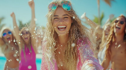 Exuberant young woman with glittery sunglasses smiling brightly amidst lively outdoor summer pool party with joyful friends and sparkling confetti