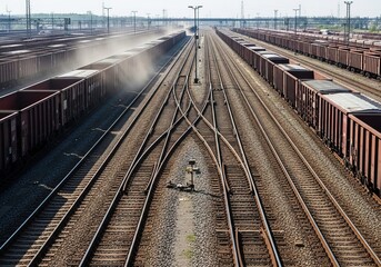 Fototapeta premium Freight yard filled with parallel rows of wagons, rails intersecting in intricate geometry and gravel detailed across ground, cinematic hyper realistic transport detail