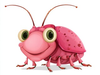 A colorful cartoon bug with a round body and large eyes smiles joyfully. Its pink hue and friendly expression create a playful vibe suitable for kids illustrations.