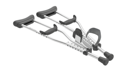 Pair of adjustable forearm crutches with ergonomic handles and rubber tips isolated on transparent background