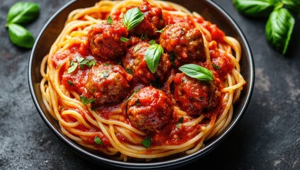Spaghetti and meatballs with red sauce, basil garnish
