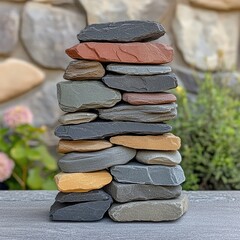 Stacked colorful, flat stones with textured wall background