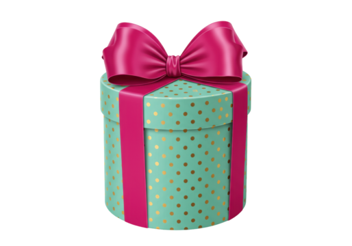 Mint green gift box with pink ribbon and bow isolated PNG, present with gold polka dots for birthday or holiday celebration - Powered by Adobe