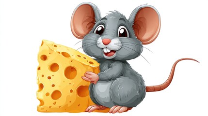 Animated mouse with gray fur and big ears happily holds a large, Swiss cheese wedge, smiling