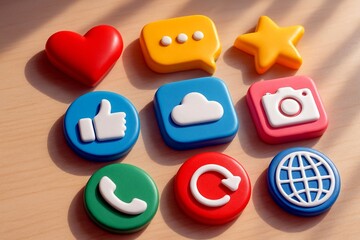 Colorful 3D social media icons including heart star comment camera phone refresh and globe arranged on wooden surface
