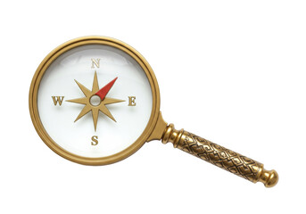 Golden compass magnifying glass isolated on transparent background, navigation tool for travel and exploration © Ozols