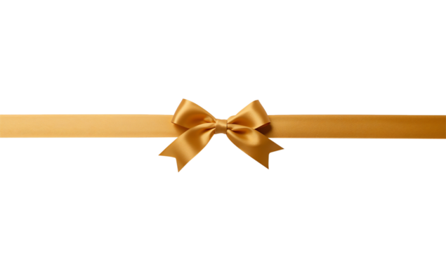 Elegant horizontal gold satin ribbon and bow isolated on transparent background, perfect for gift wrapping and celebration design