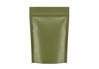 Olive green stand-up pouch isolated, blank packaging mockup for food or product storage on a clean background