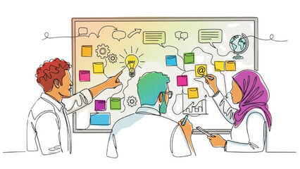 Artboard 1Continuous One Line Drawing of Multicultural Team Collaborating at Whiteboard – Minimalist Line Art Representing Creativity, Teamwork, and Workplace Diversity