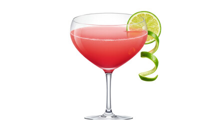 Cosmopolitan cocktail in coupe glass isolated, pink drink with lime garnish on transparent background for bar menu and party invitations