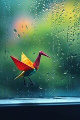 Origami bird on rainy window pane, blurred greenery backdrop