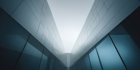 Minimalist low-angle perspective of converging modern glass architecture.