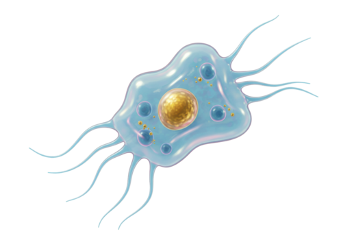 Amoeba cell isolated on transparent background PNG, single-celled organism with nucleus and pseudopodia for biology education