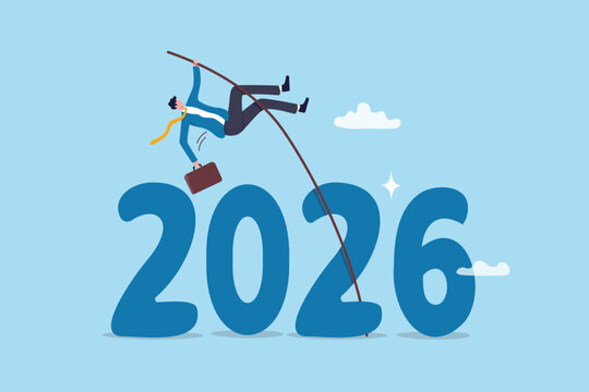 Year 2026 future success, new year ambition, goal or business target, opportunity or achievement motivation, aspiration or improvement, success businessman pole vault jumping over year 2026 number.