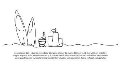 One line of surfing and playing in the sand. Abstract minimal continuous line.