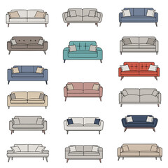 A collection of various stylish sofas in different colors and designs for living room furniture inspiration.
