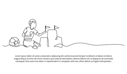 One line of a boy making sand castles on the beach. Abstract minimal continuous line.
