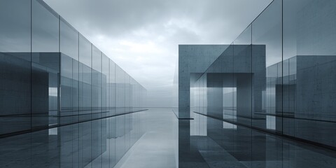 Obraz premium Moody minimalist modern architecture with concrete and glass under overcast sky