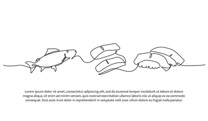 Continuous line design of fish and salmon slice. Single line decorative element drawn on white.