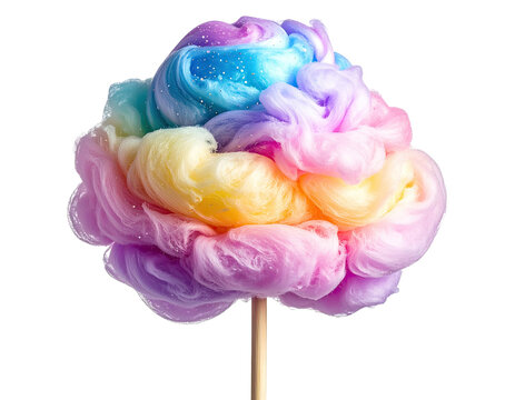 Vibrant, multi-colored fluffy treat on a wooden stick against a black backdrop
